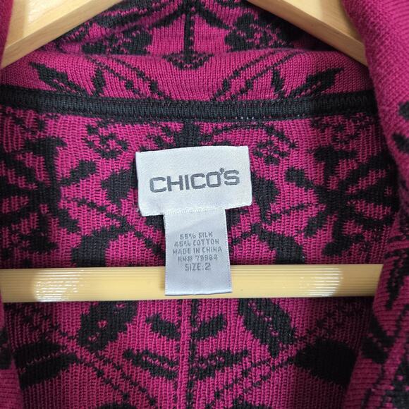 Chico's Silk Blend Cardigan Jacket sz 2 - L Black Magenta Pink Zip Front Pockets - Picture 8 of 13